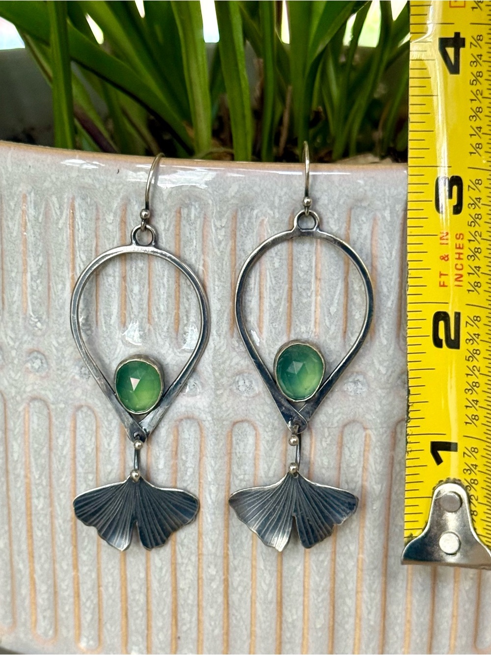 Silver and Peridot Gingko Dangle Earrings - Picture 4 of 6